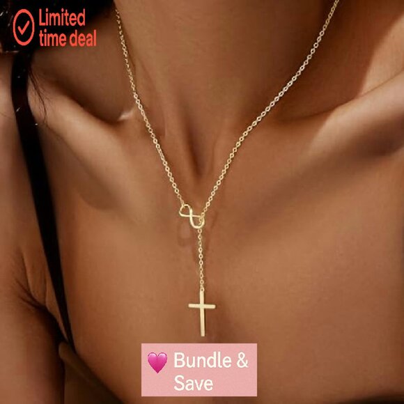 Dainty 14K Gold Filled Cross Infinity Necklace, 16" Chain with Extension - Picture 4 of 8